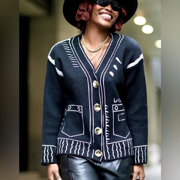 COMIC EFFECT CONTRAST KNIT CARDIGAN BLACK & WHITE ONE SIZE - Picture 1 of 6